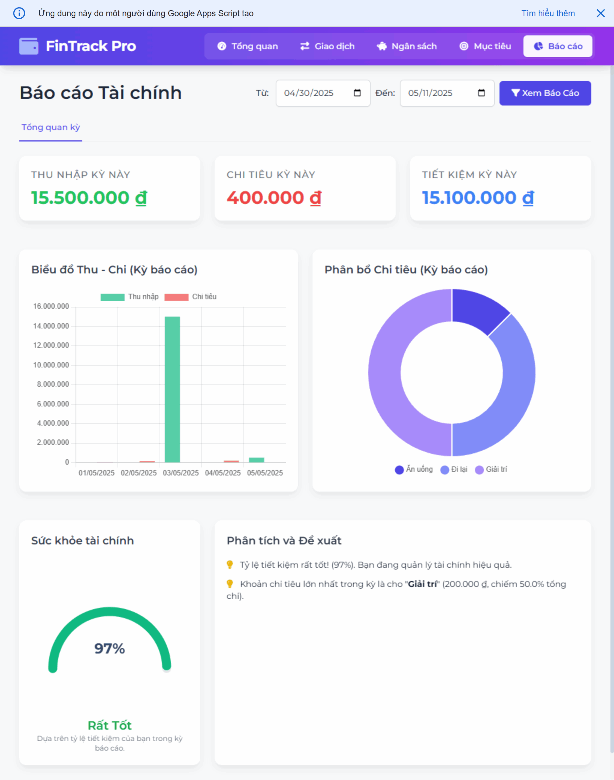 FinTrack Pro hiển thị báo cáo tài chính bằng biểu đồ trực quan, dễ nắm bắt