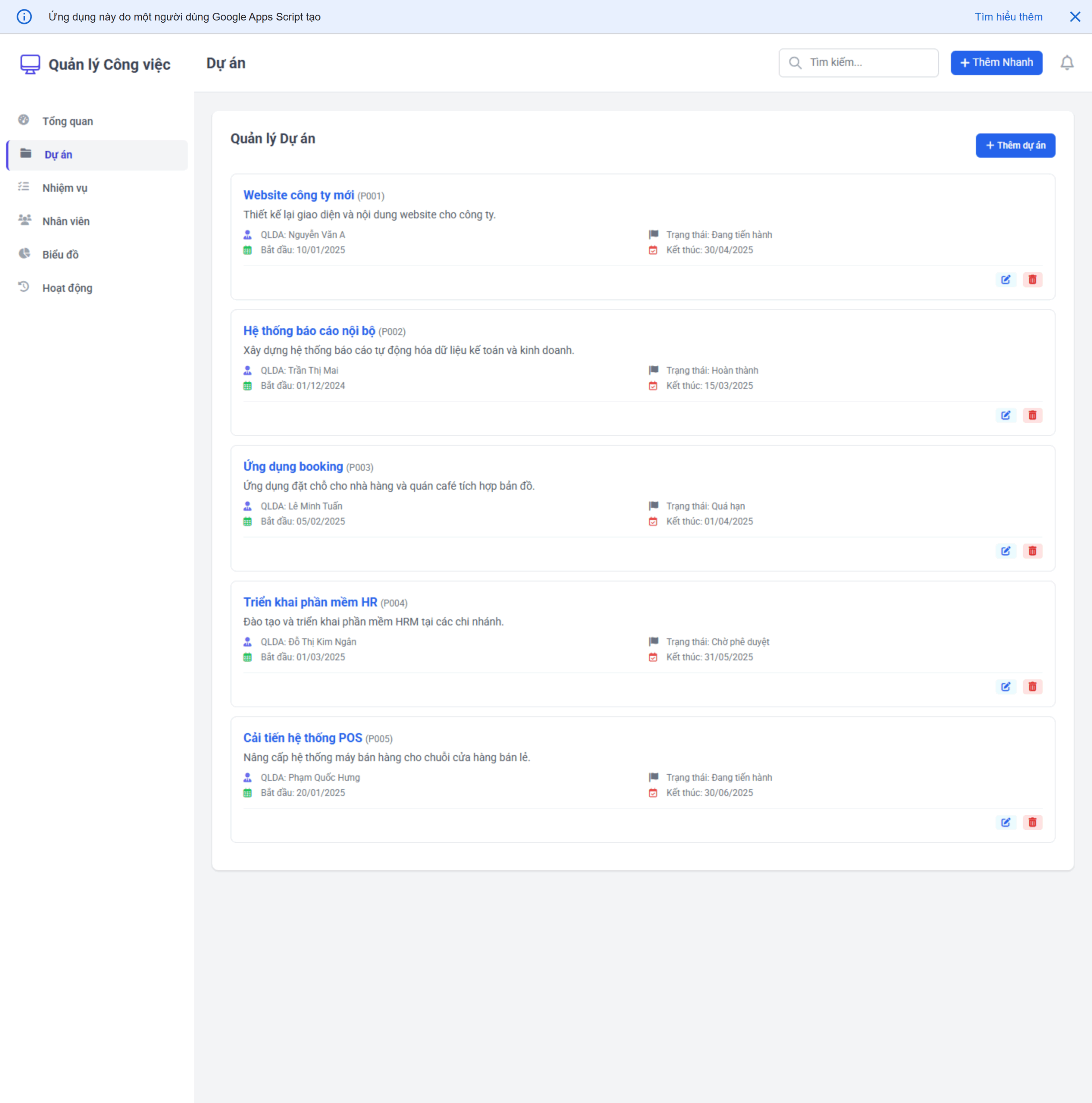 Giao diện quản lý dự án trên Google Sheet và AppScript - cho phép tạo, theo dõi và cập nhật dự án